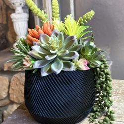 Ht-9.5in Width-11in HANDMADE artificial Cactus In A Black Ceramic Container 