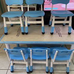 Kids Adjustable Wooden Table W/6 Chairs