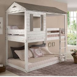 House-Shaped Design Wood Twin Size Bunk Bed with Roof, Ladder and 2 Windows, White/Brown