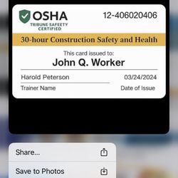 OSHA Certificates/cards 10 And 30 