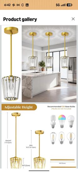 3 Pack Crystal Pendant Lights Kitchen Island - Modern Gold Pendant Light Mini Adjustable Hanging Pendant Lights for Kitchen Island Dining Room Foyer H