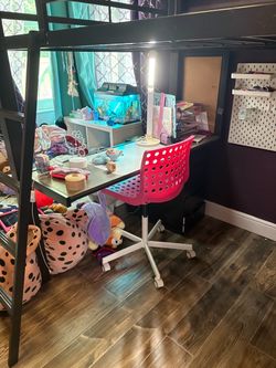 Queen black loft bed with shelves
