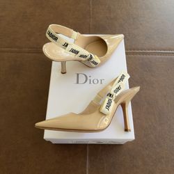 Dior J'ADIOR Slingback Patent Leather Pointed Toe Pump Heels Size: 38.5 Nude