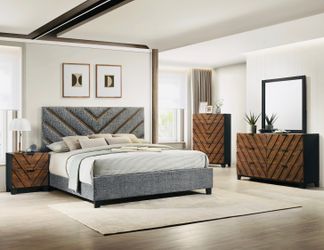 QN SZ CONTEMPORARY/MODERN  RICH BROWN )WOOD )STYLE QN SZ BEDROOM SET (UPHOKSTERY GREY BED FRAME,DRESSER,MIRROR NIGHT STAND