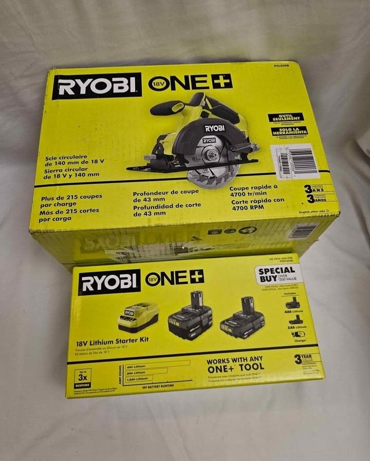 RYOBI, ONE+ 18V Lithium-Ion Kit with 2.0 Ah and 4.0 Ah Batteries, Charger, and Free ONE+ 18V Cordless 5-1/2 in. Circular Saw BRANDNEW UNOPENED.