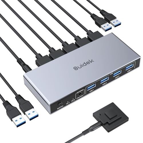 SUIDEK Displayport KVM Switch 1 Monitor 2 Computers, 8K@60Hz DP Switch 2 in 1 Out USB 3.0 KVM Switcher with 4 USB Ports, Include Desktop Controller, 2