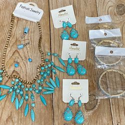 COSTUME JEWELRY LOT (9) Turquoise Color Earrings Bracelets Necklace Gifts NEW