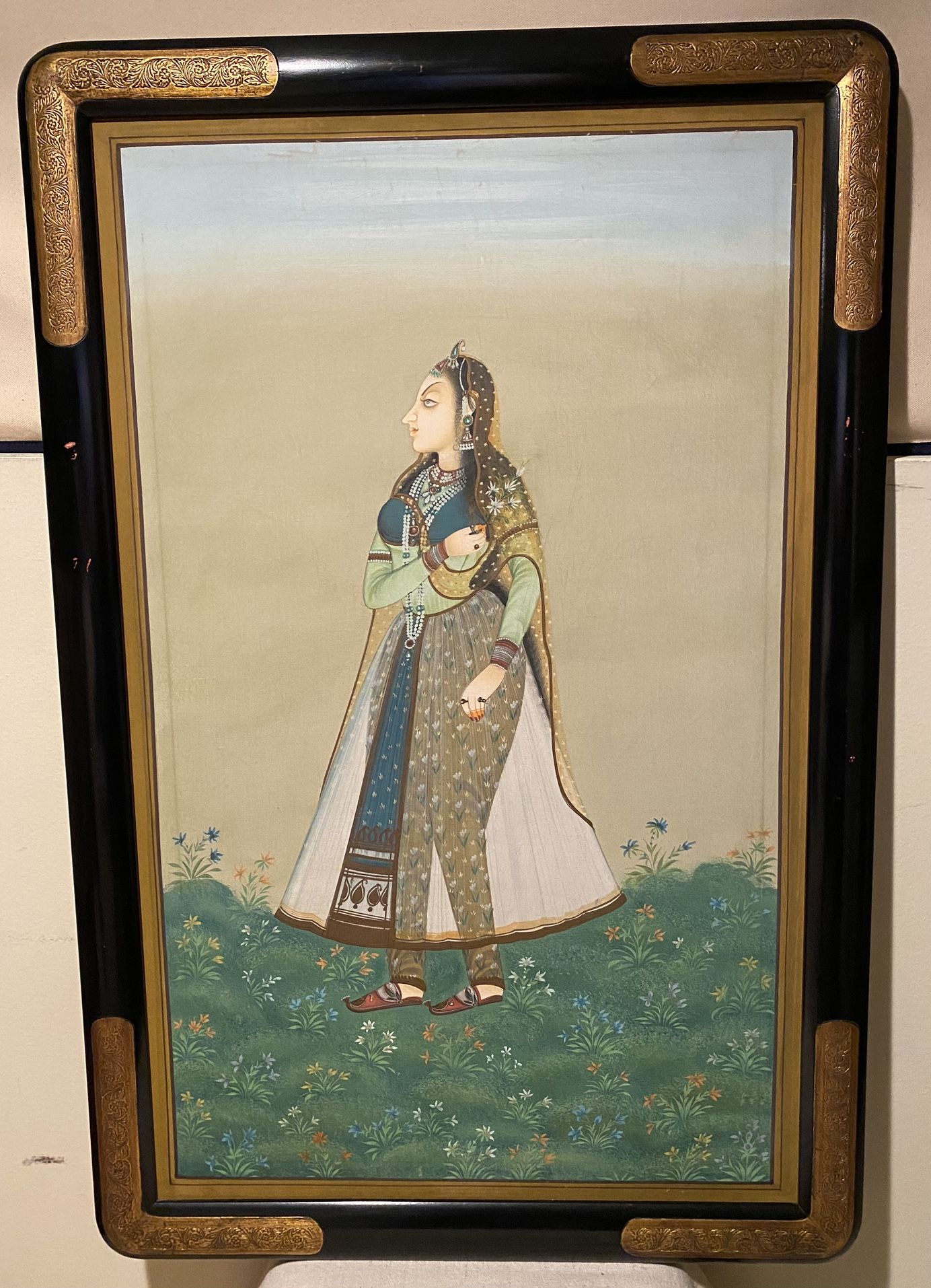 FINE PAINTING VINTAGE1970s ART OF WOMAN INDIAN IN SILK HANDMADE - HEIGHT 37” - WIDTH 24” $700.00