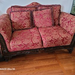 Red Patterned Loveseat And Sofa