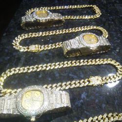 Record label or Groomsmen 8 Pack 4 Short 18" Chains & Lab Diamond Watches