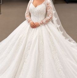 Elegant Custom Ivory Wedding Dress with Lace Sleeves, Sparkling Beading
