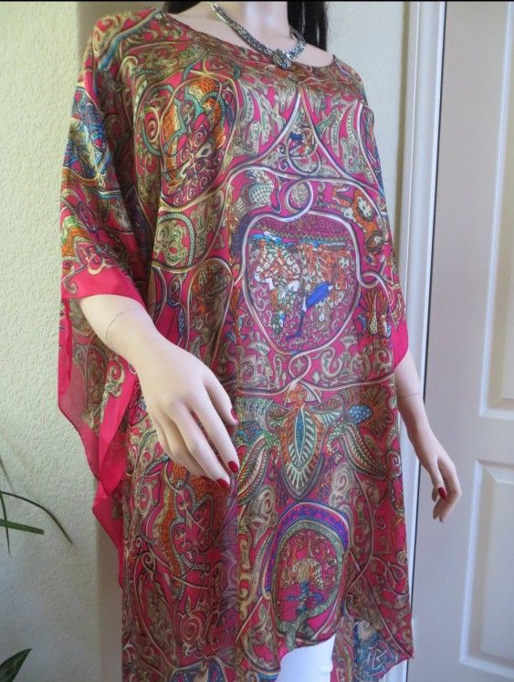Casual Elegance 100% Silk Caftan Tunic Cover-up Boho Paisley Fuchsia