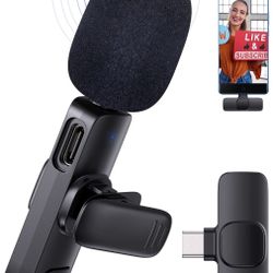 USB C Wireless Lavalier Microphone, Clip on 2.4G Mic for Android Phone/Tablets, Plug and Play, Low Latency, Wind & Noise Reduction Auto-Sync for Recor