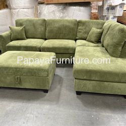 106” Plush Sage Sectional And Ottoman, Sectional Sofa,Green couch, Green Sofa, Sectional And Storage Ottoman, Sectionals, Sofa, Corduroy Sectional wit