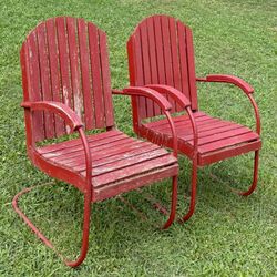 Vtg Set Of 2 Metal And Wood Patio Deck Porch Lawn Spring Base Chairs