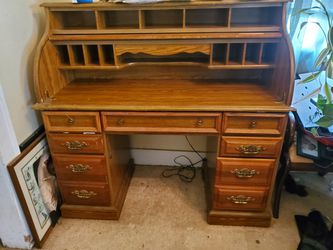 Antique Oak Wood Roll Desk