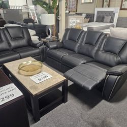 Brand New Black Air Leather Manual Reclining Sofa + Loveseat 2PCs Set
