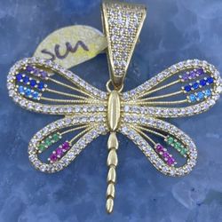 $550 Yellow Gold w Zirconia Dragonfly Animal Charm Pendant