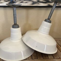 Vintage Pair Of White Enamel Over Metal Factory Barn Light Metal Industrial Farmhouse Lighting