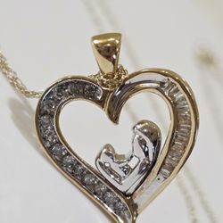 10k Mother and Child White and Yellow Gold Diamond Pendant on 10k Chain Necklace