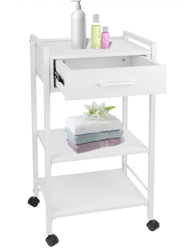 Lorvain Salon Trolley Cart For Beauty SPA, 3Tiers Esthetician Cart With Drawers And Lockable Wheels

