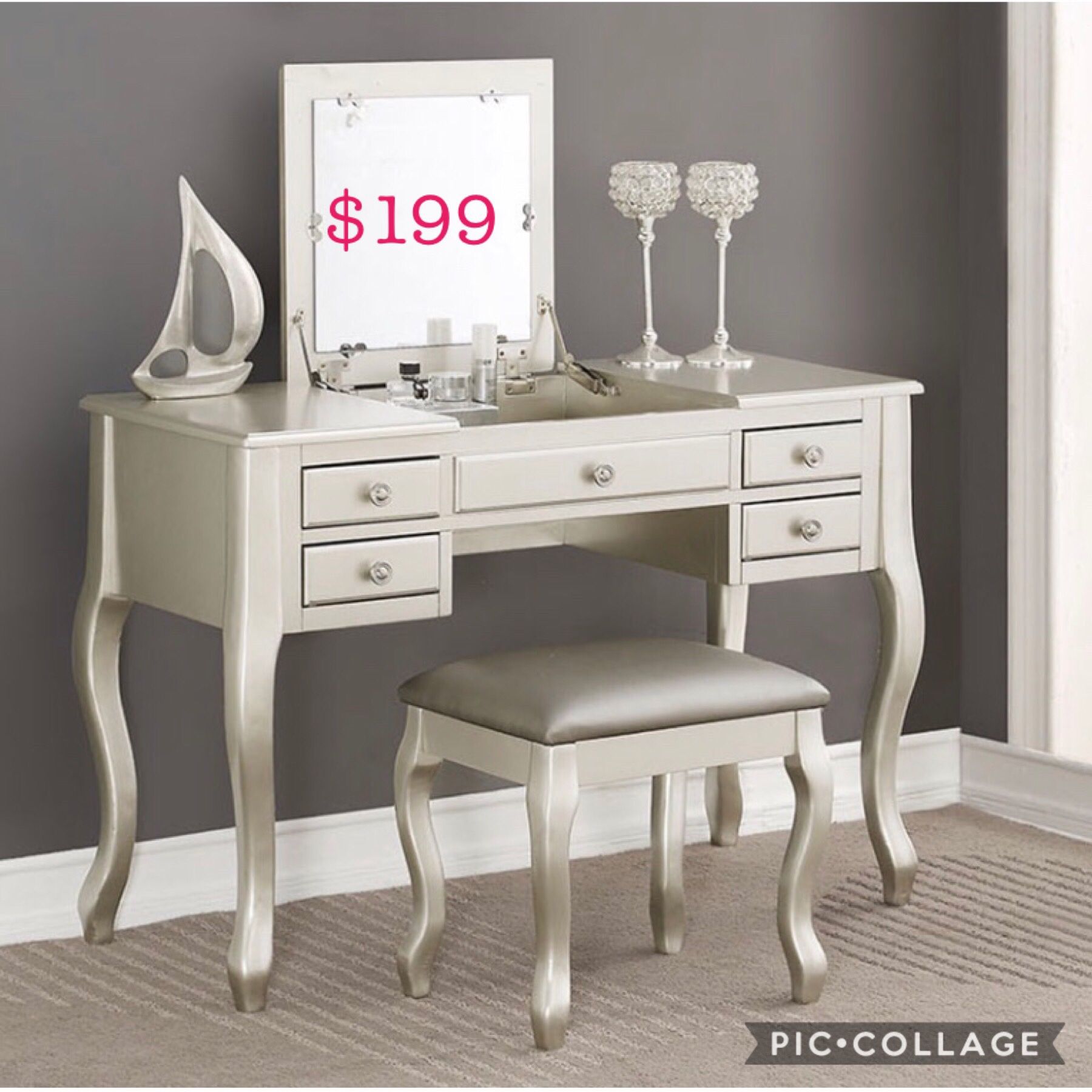 Bedroom vanity set, this vanity offers plenty of storage with top flips-down panel, available in black,white,silver and cherry. 43” x 18” x 39” H