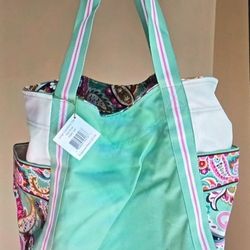 NEW Vera Bradley Large Color Block TOTE BAG - Mint Green Paisley & Deep Orange 