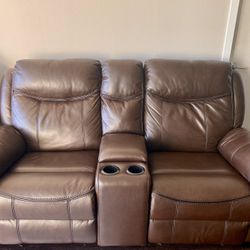 2 Leather Brown Sofas With USB Charging