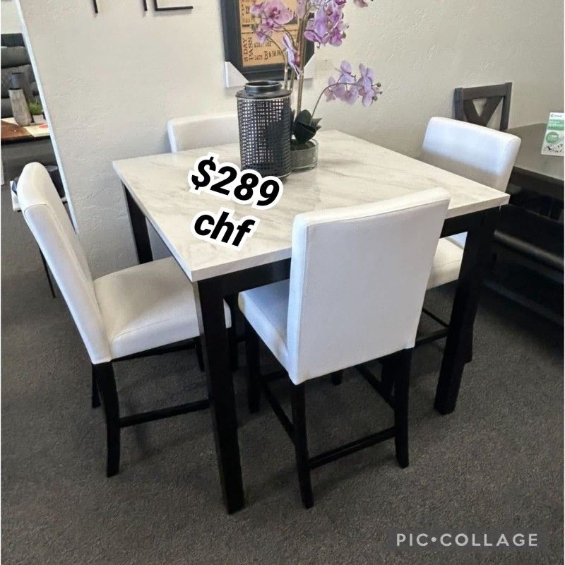 White Faux Marble Top 5 Piece Counter Height Dining Table Set // October Sale !