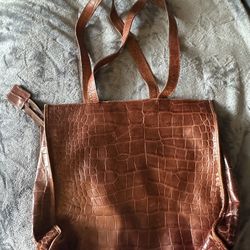 Bloomingdale’s Vintage Brown Leather Crocodile Embossed Tote Bag
