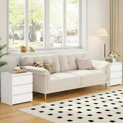 2 Pcs White Nightstand with 3 Drawers, Sofa Table for Living Room, Modern Wooden Storage Cabinet for Bedroom