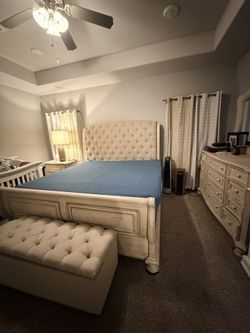 King Bed Frame Set, Cabinet, night stand and quilt storage bin (4 items)