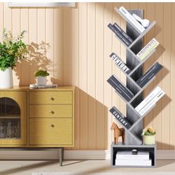 New in box Tree Bookshelf - 8 Shelf Retro Floor Standing Bookcase, Tall Wood Book Storage Rack for CDs/Movies/Books, Utility Book Organizer Shelves fo