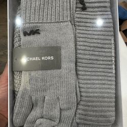 MICHAEL KORS 3-Piece Set Scarf, Hat, Glove - Heather Gray "MK" Logo ~ NEW IN BOX
