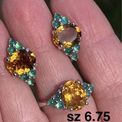 Citrine & Green Gem Earrings & Ring SS 6.75