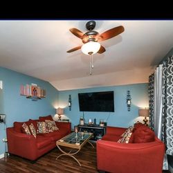 Loveseat and Couch with 2 end tables ,coffee table and 2 lamps all from Bob’s Furniture