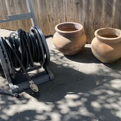 Suncast Hose Rack Wheeled With Hose And Watering Attachment , Two Matching Rustic Look Planters