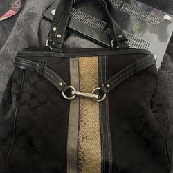 Vintage COACH Hamptons Black Signature C Python Stripe Tote Bag Satchel