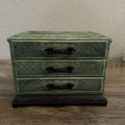 Vintage MCM Bakelite Green Three Drawer Jewelry Box with Black Dragon Drawer Pulls  Price is firm