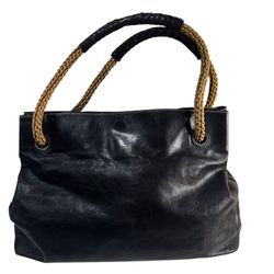 Plinio Visona Vintage Black Leather Tote, Rope Handles, Made in Italy