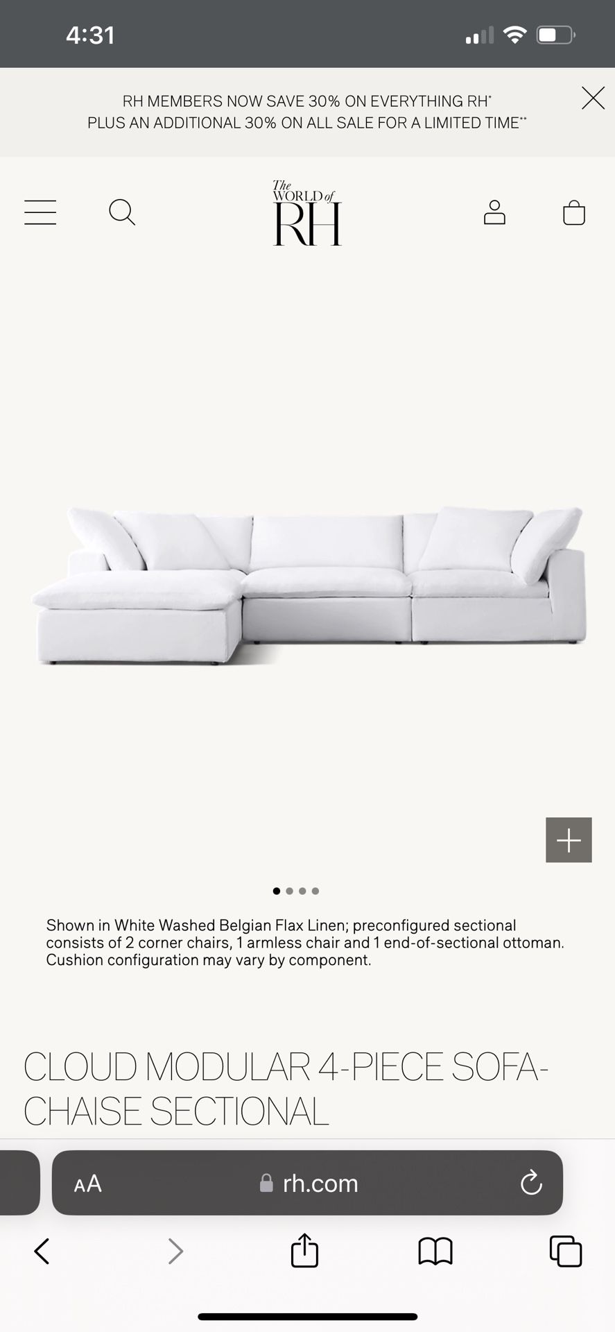 RH CLOUD MODULAR 4-PIECE SOFA SECTIONAL