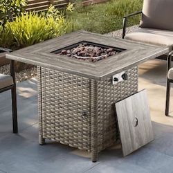 ArcoBay 30 in. Square Gray Wicker and Metal Propane Gas Outdoor Fire Pit Table with Lava Rocks, 50000 BTU