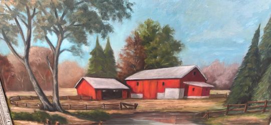 1950’s large folk art red barn river oil painting on canvas
