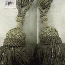 2 Vtg Wrights 32" Ornate Curtain Tiebacks Green Shades Rayon Tassels Glass Beads