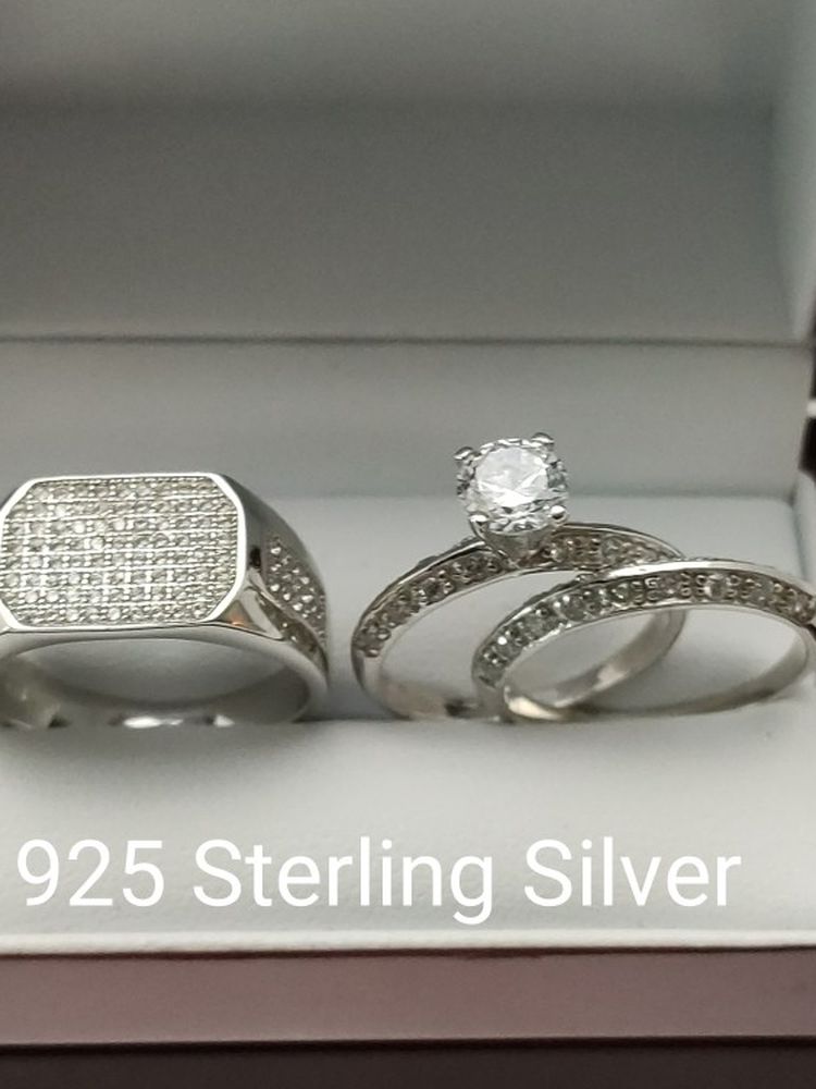 New with tag Solid 925 Sterling Silver HIS & HER WEDDING Ring trio Set size 8/9/10 and 6/8/9 $250 set OR BEST OFFER ** FREE DELIVERY!!! 📦🚚 **