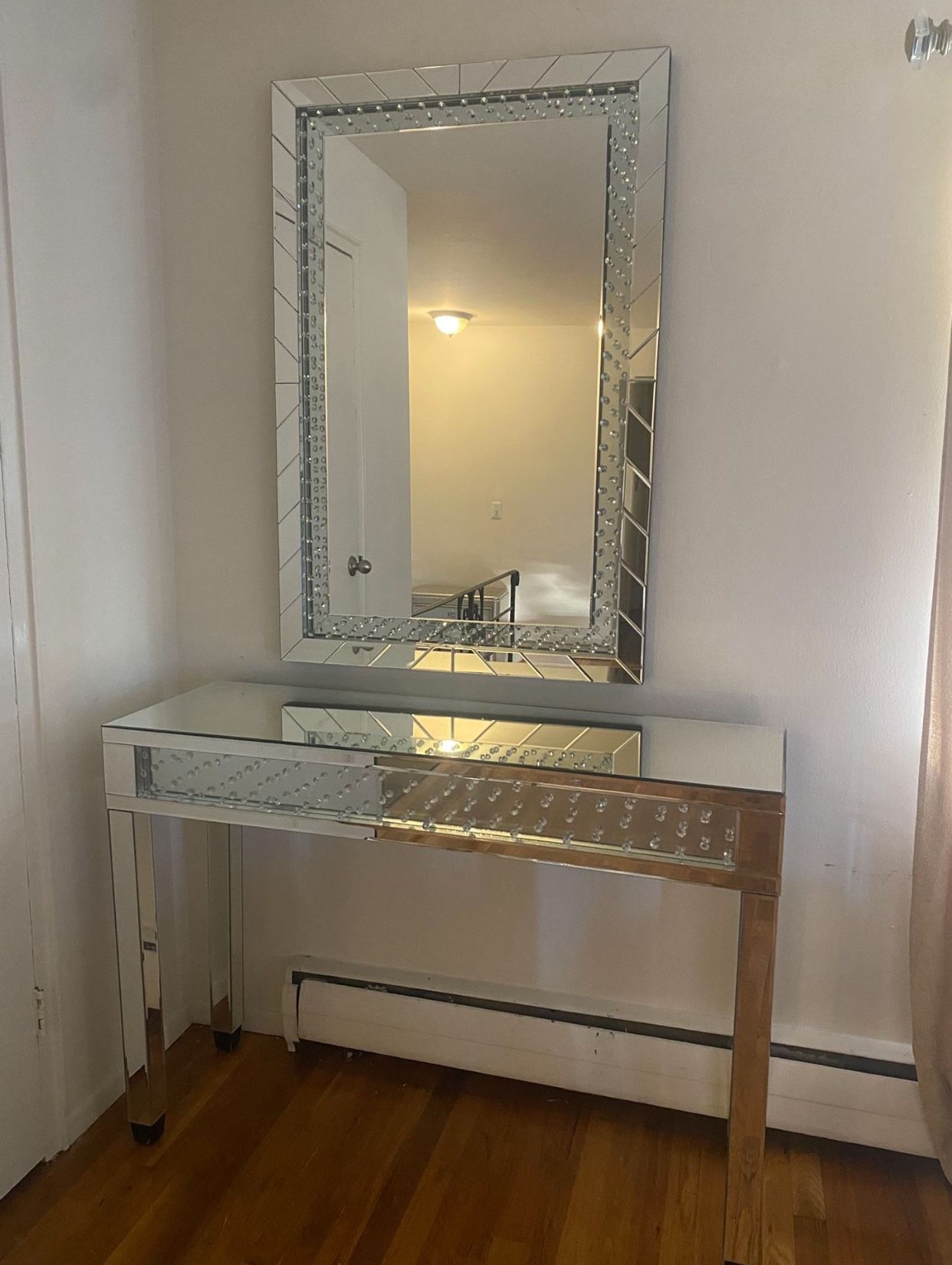 Contemporary Mirrored Accent Table with Crystals & Rectangle Wall Mirror 
