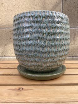 3.5” Round Textured Glazed Ceramic Pot Planter With Saucer
