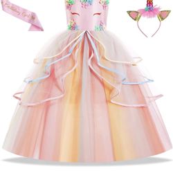 Brandnew  Unicorn Dress for Girls Unicorn Costume with Headband & Satin Sash for Birthday Party(12-13years)