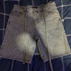Purple rhinestone blue jorts