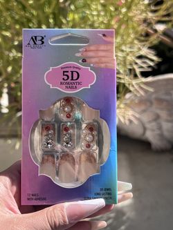 Pink Premium Quality 5 D Nails With Rhinestones Pearls & Jewelry 